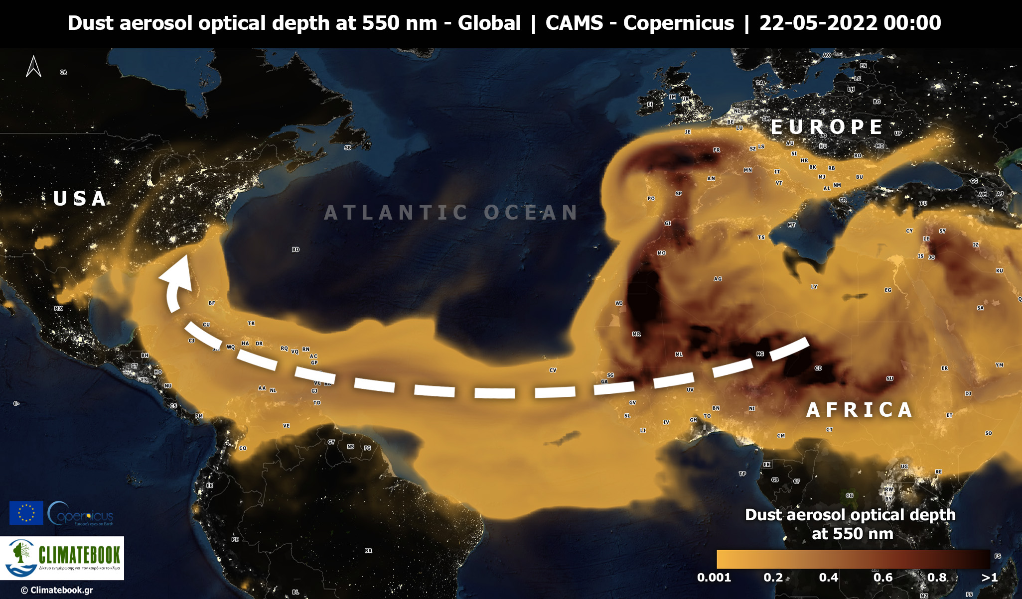Έντονο επεισόδιο μεταφοράς Αφρικανικής σκόνης στην Αμερική δια μέσου του Ατλαντικού
